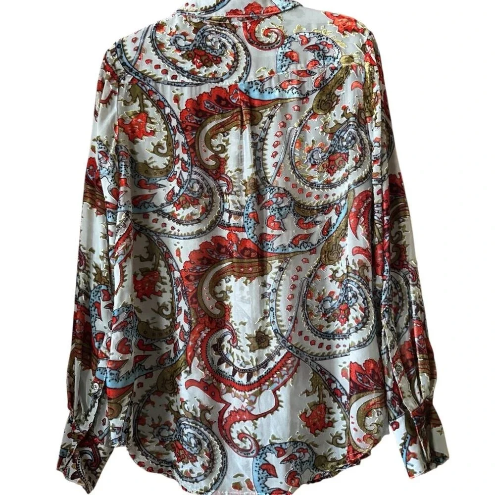2Oh Threads Paisley‎ Print Button Down Blouse Silk Blend Velvet burnout STUNNING